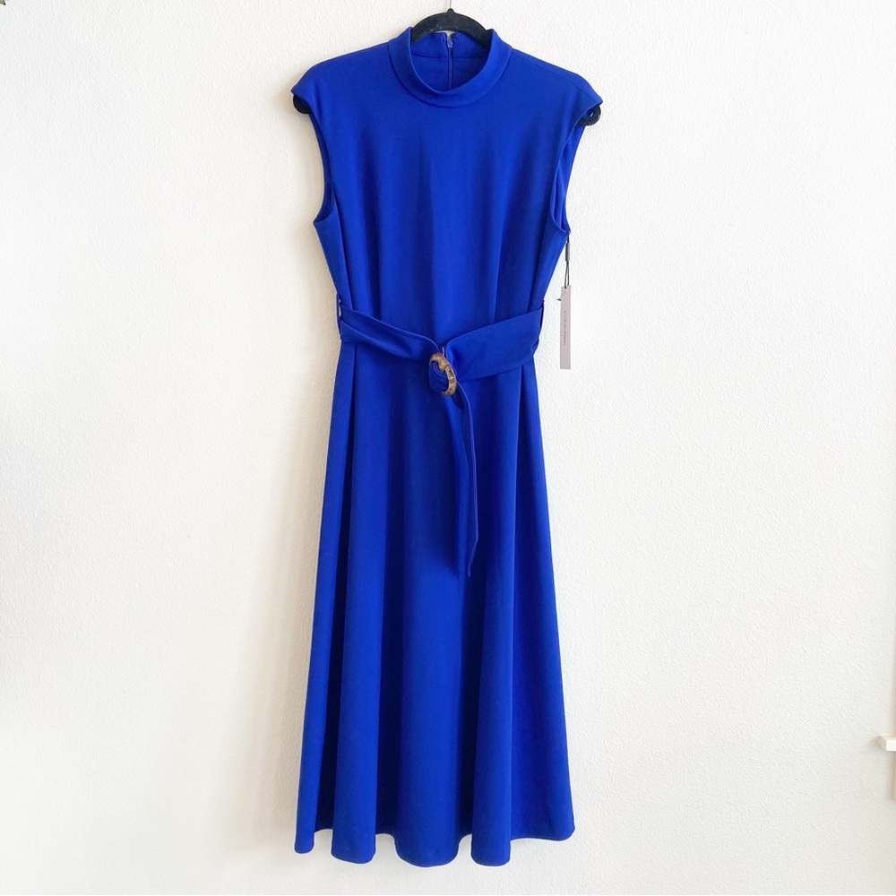 Calvin Klein Blue Belted Dress A Line Mock Neck Sleeveless Business Professional